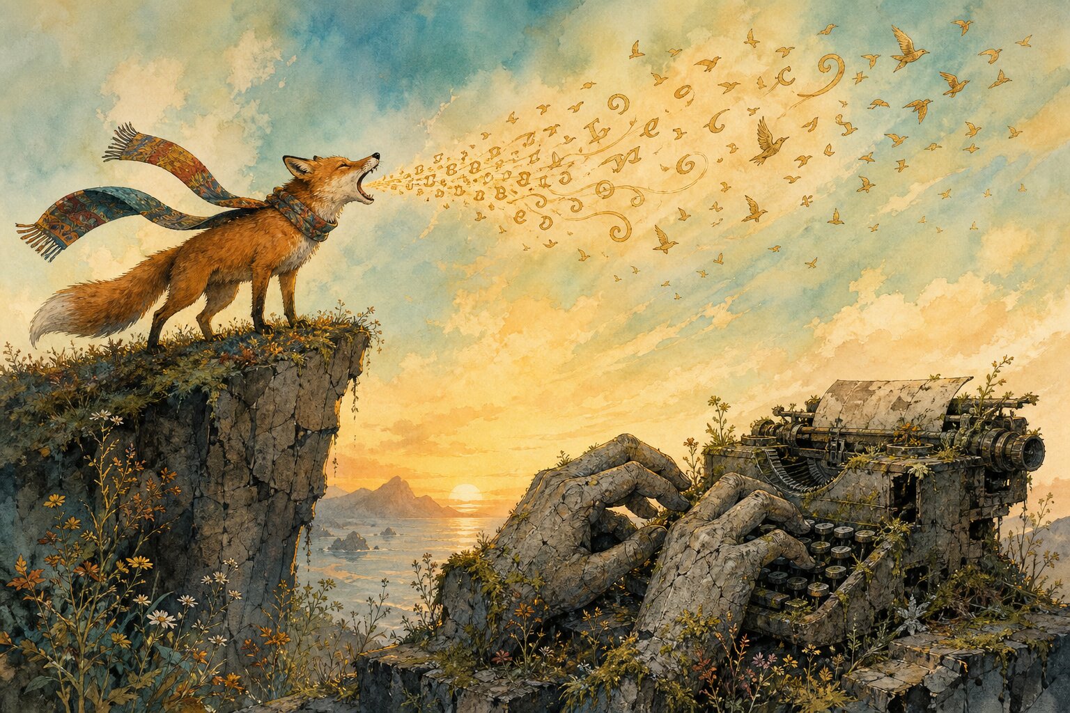 Watercolor illustration of a fox in a colorful scarf sending golden words spiraling into the sky from a clifftop, while giant stone hands on a crumbling typewriter below are overtaken by wildflowers