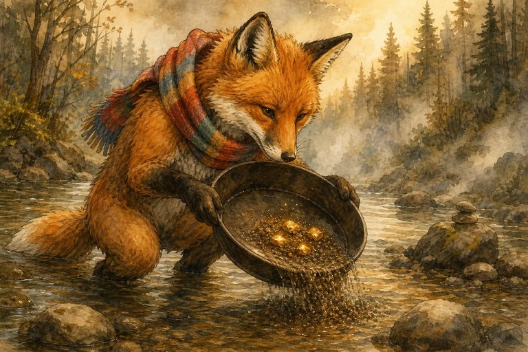 Watercolor illustration of a fox in a colorful scarf panning for gold in a river, bright nuggets gleaming in the sieve among dark silt