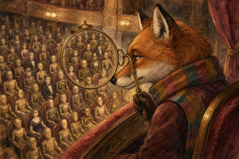 Watercolor illustration of a fox in a colorful scarf peering through a monocle at a theater audience of wooden mannequins