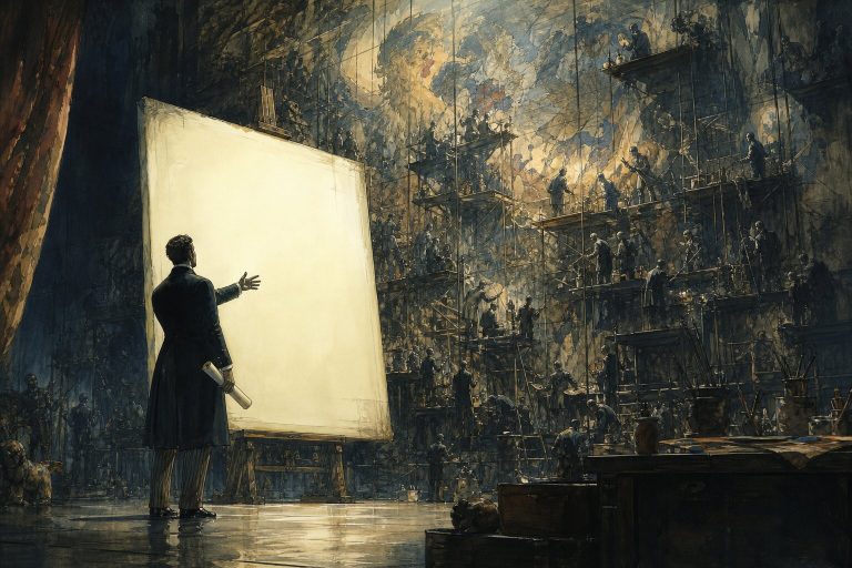 Ink and watercolor illustration of a patron gesturing at a glowing blank canvas while a swarm of tiny workers builds an immense mural on scaffolding behind it