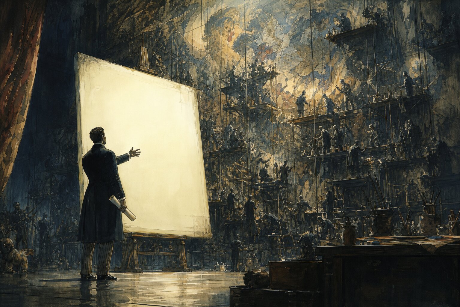 Ink and watercolor illustration of a patron gesturing at a glowing blank canvas while a swarm of tiny workers builds an immense mural on scaffolding behind it