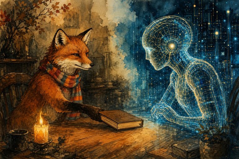 Ink and watercolor illustration of a fox in a scarf sliding a book across a table to a glowing figure made of circuitry.