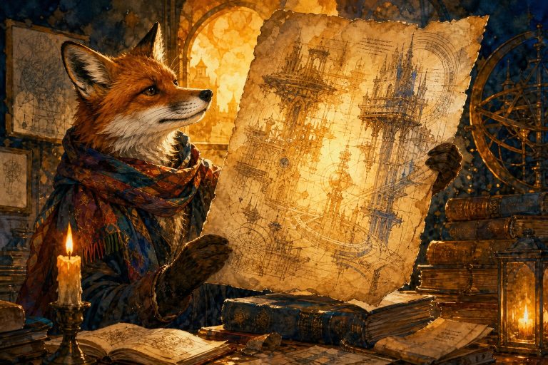 Watercolor illustration of a fox in a colorful scarf holding a manuscript page up to golden light, revealing architectural blueprints hidden in the text