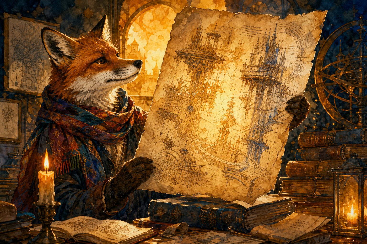 Watercolor illustration of a fox in a colorful scarf holding a manuscript page up to golden light, revealing architectural blueprints hidden in the text