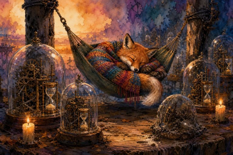 Watercolor illustration of a fox in a colorful scarf sleeping in a hammock while brass clockwork machines work inside glass bell jars with tiny hourglasses