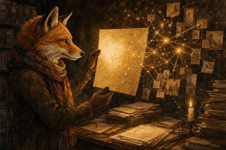 Ink and watercolor illustration of a fox in a colorful scarf holding a yellowed memo up to candlelight, revealing a luminous map of golden threads and branching paths