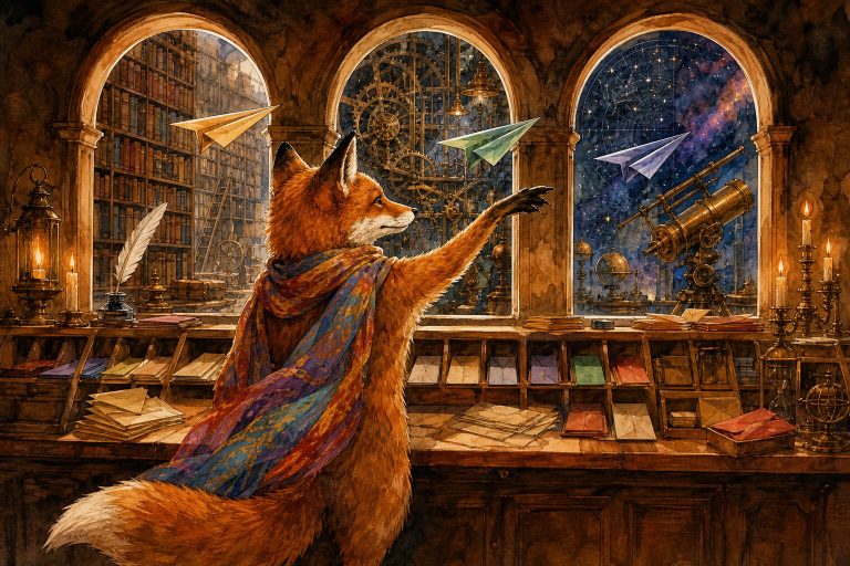 Watercolor illustration of a fox in a colorful scarf at a dispatch desk sending paper airplanes through three arched windows into different worlds