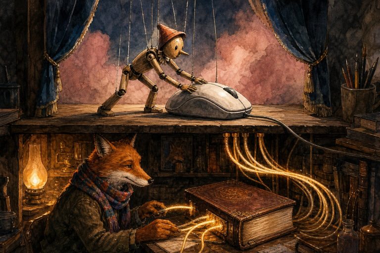 Editorial ink and watercolor illustration of a clumsy wooden puppet on a stage trying to drag a giant mouse, while underneath the stage, a clever fox in a colorful scarf connects golden glowing fibers directly to a book.