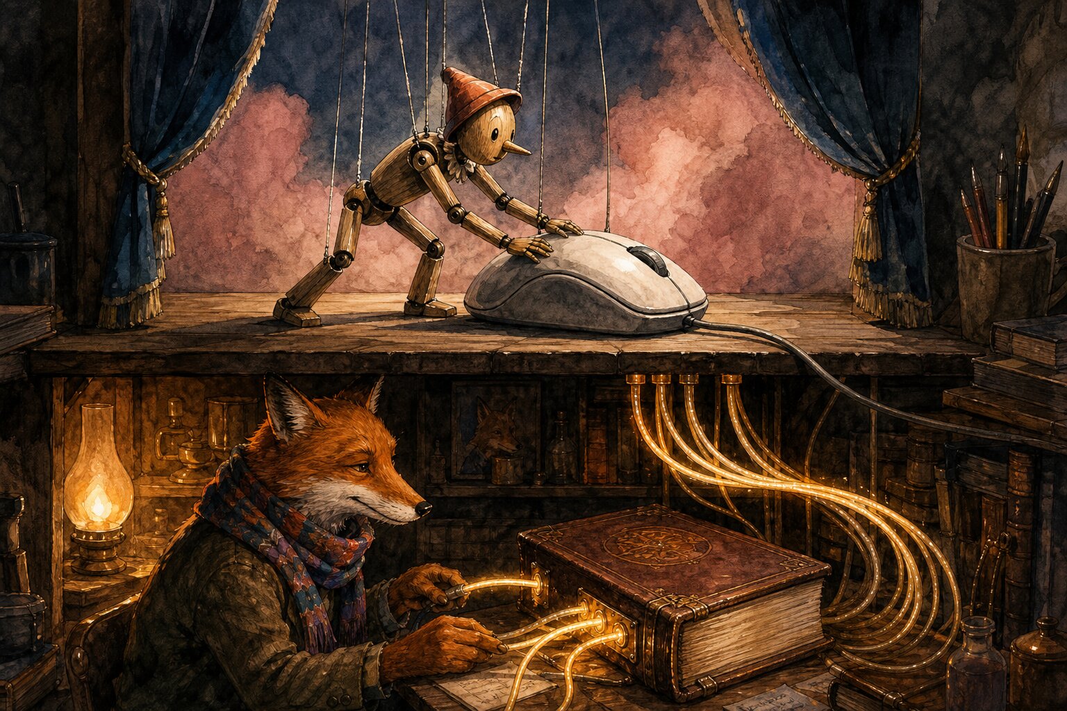 Editorial ink and watercolor illustration of a clumsy wooden puppet on a stage trying to drag a giant mouse, while underneath the stage, a clever fox in a colorful scarf connects golden glowing fibers directly to a book.