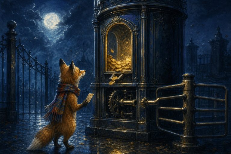 Ink and watercolor illustration of an ornate brass ticket booth at night, golden coins piling up inside while the connecting rod to the turnstile is cleanly severed, a fox in a colorful scarf waiting with a ticket at the locked turnstile