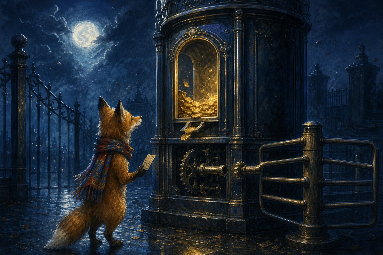 Ink and watercolor illustration of an ornate brass ticket booth at night, golden coins piling up inside while the connecting rod to the turnstile is cleanly severed, a fox in a colorful scarf waiting with a ticket at the locked turnstile