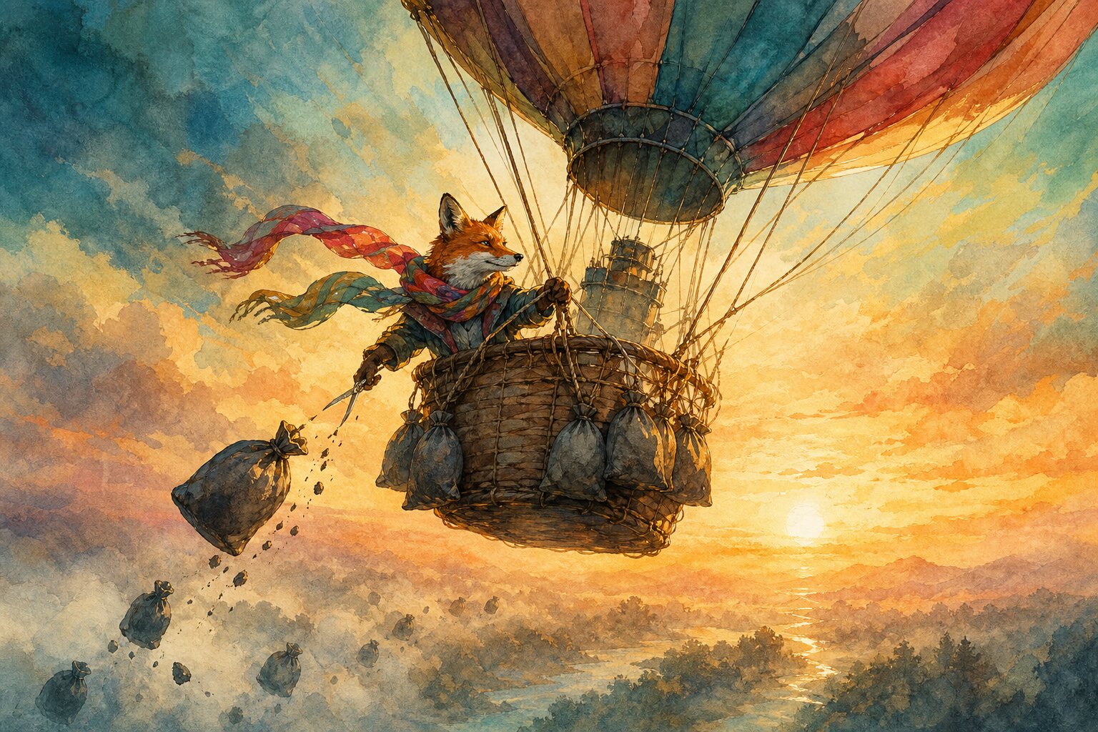 Watercolor and ink illustration of a fox in a colorful scarf rising in a hot-air balloon, cutting loose heavy iron sandbags that fall into the mist below at dawn.