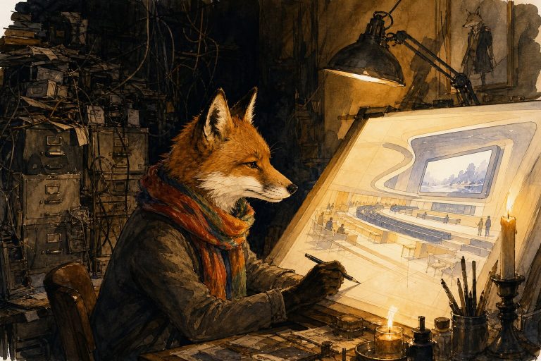 Fox architect at a drawing board designing a clean Netflix-style course platform while clunky old filing cabinets recede into shadow