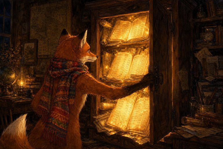 Ink and watercolor illustration of a fox in a colorful scarf opening a dusty wooden cabinet, revealing shelves overflowing with glowing golden ledgers and scrolls