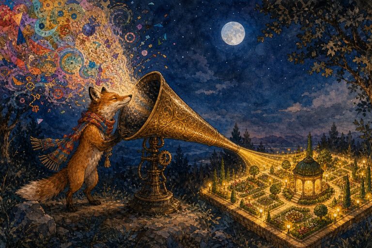 Ink and watercolor illustration of a fox in a colorful scarf speaking into an ornate brass funnel in a moonlit clearing, chaotic mist transforming into an ordered golden garden