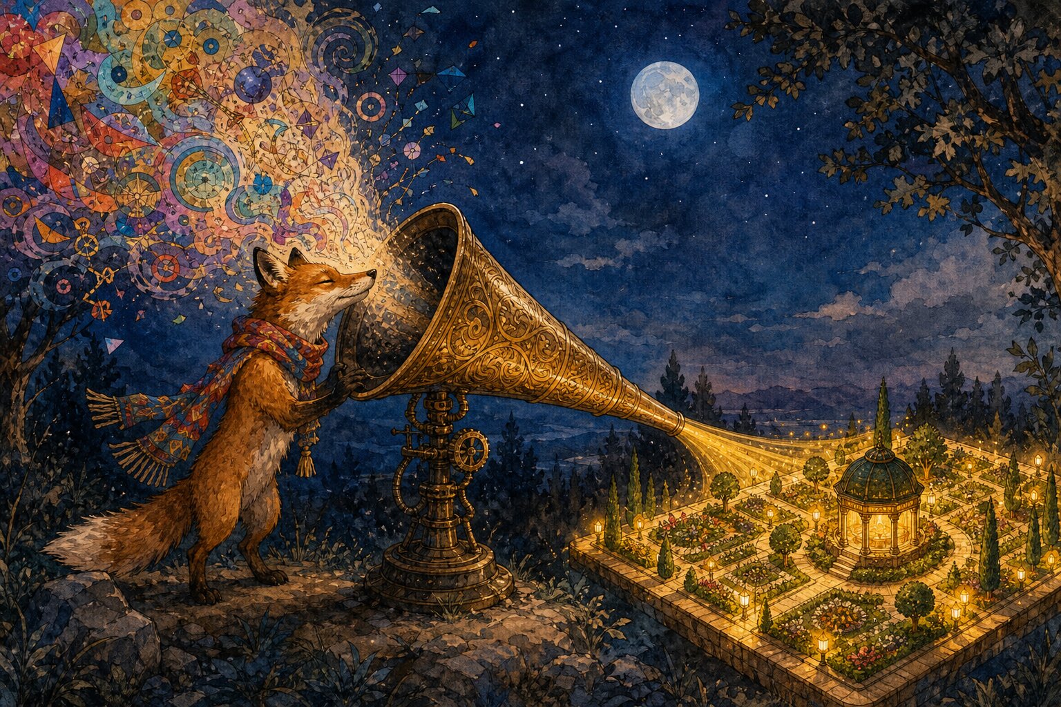 Ink and watercolor illustration of a fox in a colorful scarf speaking into an ornate brass funnel in a moonlit clearing, chaotic mist transforming into an ordered golden garden