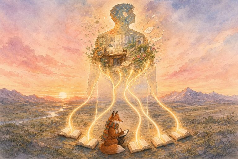 Ink and watercolor illustration of an enormous translucent figure being filled in by six streams of golden light from open books, with a fox in a colorful scarf writing at its base