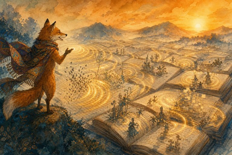 Ink and watercolor illustration of a fox in a colorful scarf speaking across a vast open manuscript landscape, golden ripples of light spreading across pages making precise editorial changes