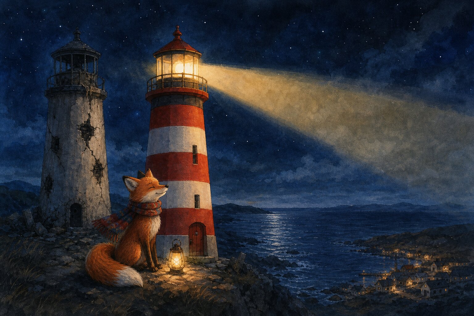 Ink and watercolor illustration of a fox in a colorful scarf standing on a rocky night coast beside a newly built striped lighthouse, its single warm beam sweeping a dark indigo sea, while an old cracked lighthouse stands dark behind it and a small fishing village sleeps below.