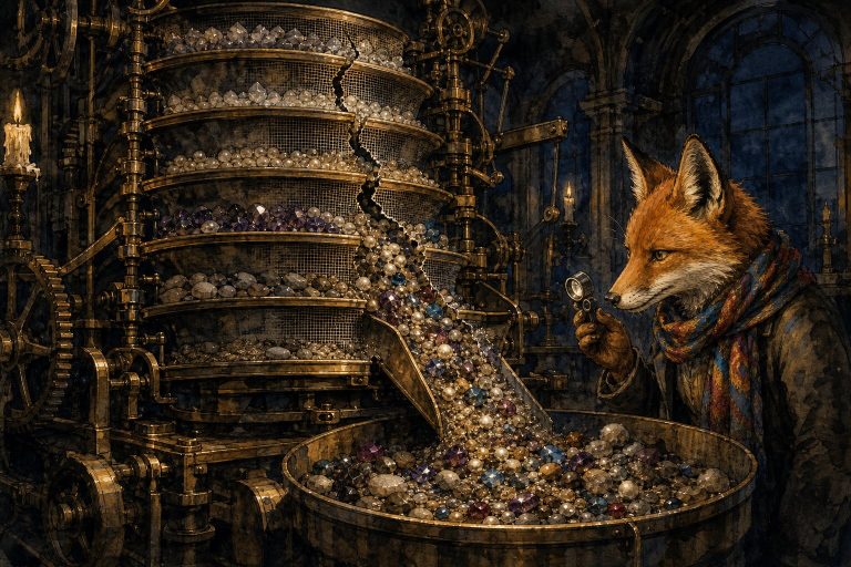 Ink and watercolor illustration of a fox discovering a crack in an antique sorting machine that lets everything pass through unfiltered