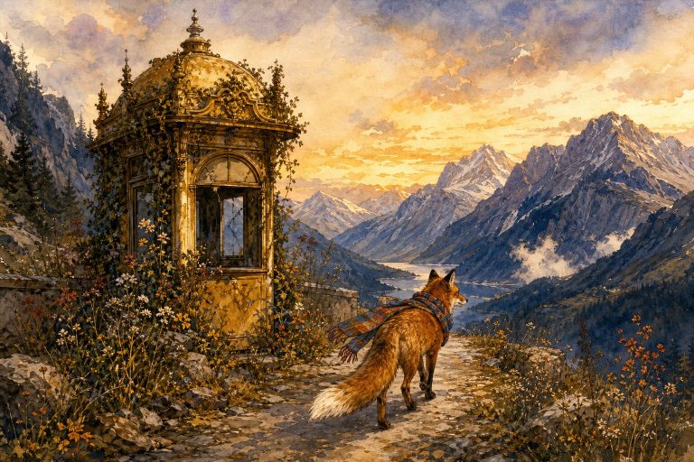Ink and watercolor illustration of a fox in a colorful scarf walking freely past an abandoned golden tollbooth overgrown with wildflowers on a mountain path, with the Canadian Rockies stretching behind under dawn light