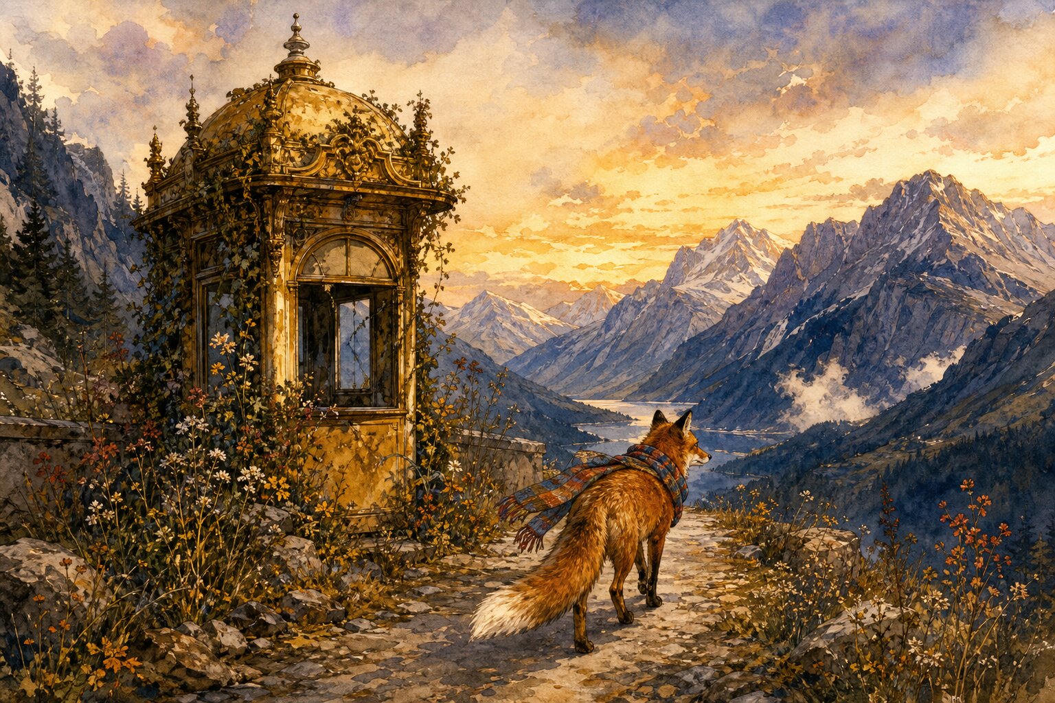 Ink and watercolor illustration of a fox in a colorful scarf walking freely past an abandoned golden tollbooth overgrown with wildflowers on a mountain path, with the Canadian Rockies stretching behind under dawn light