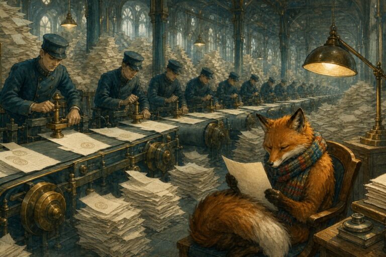 Ink and watercolor illustration of a dim assay office where clerks stamp tiny hallmarks into an endless river of manuscript pages, while a fox in a colorful scarf reads one plain unstamped page by lamplight.