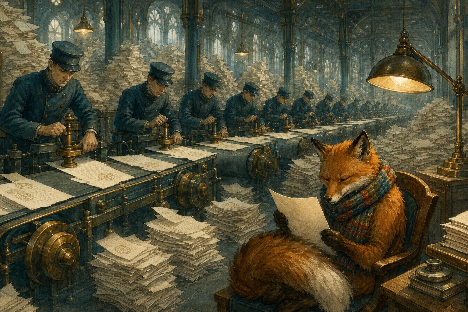 Ink and watercolor illustration of a dim assay office where clerks stamp tiny hallmarks into an endless river of manuscript pages, while a fox in a colorful scarf reads one plain unstamped page by lamplight.