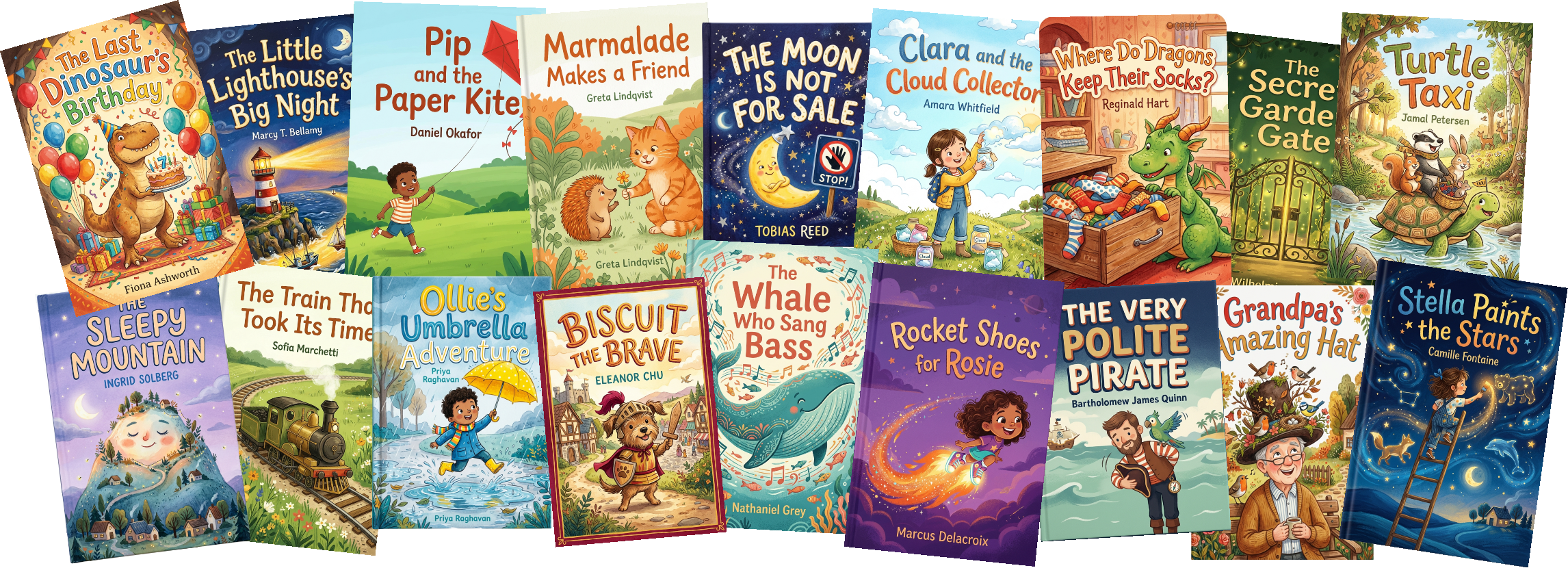 A colorful overlapping pile of imaginary children’s picture books
