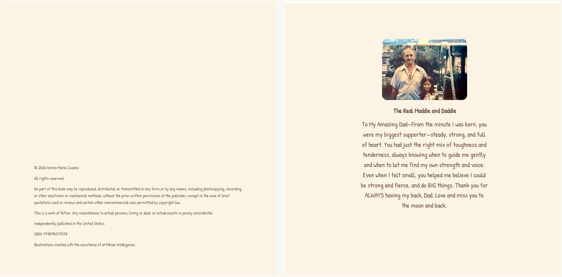 Copyright page and dedication page, side by side, from a picture book we formatted