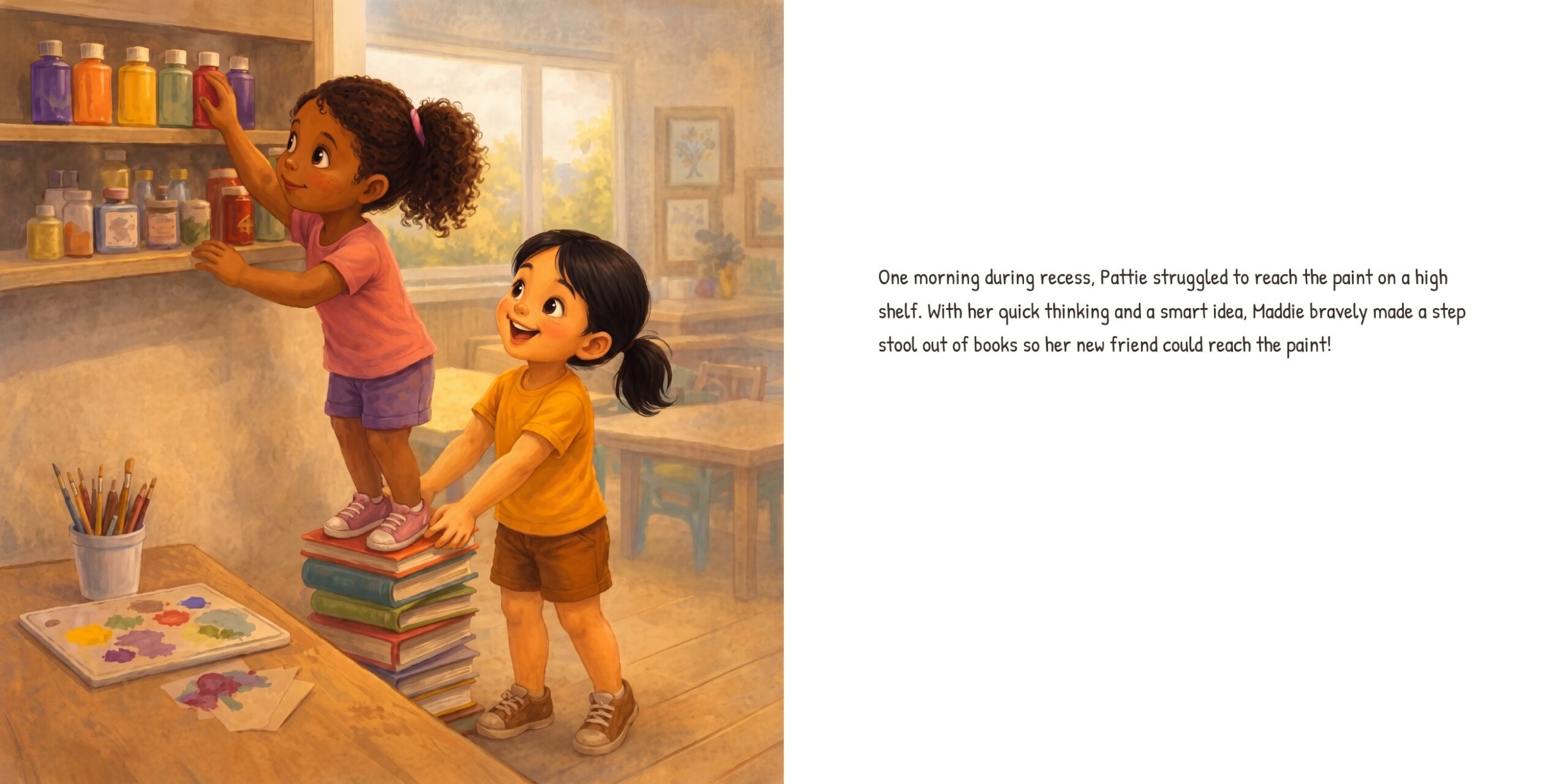 Interior spread: two facing pages of an illustrated picture book with artwork and text