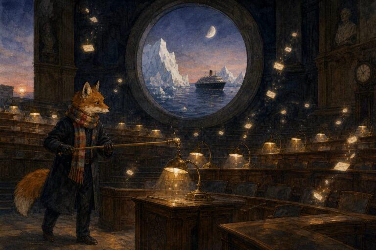 Ink and watercolor illustration of a fox night porter lighting ornate desk lamps with a long brass pole in a vast empty lecture hall at dawn, tiny glowing envelopes drifting upward from each lit desk, a small cruise ship sailing between icebergs visible through a huge round porthole window.