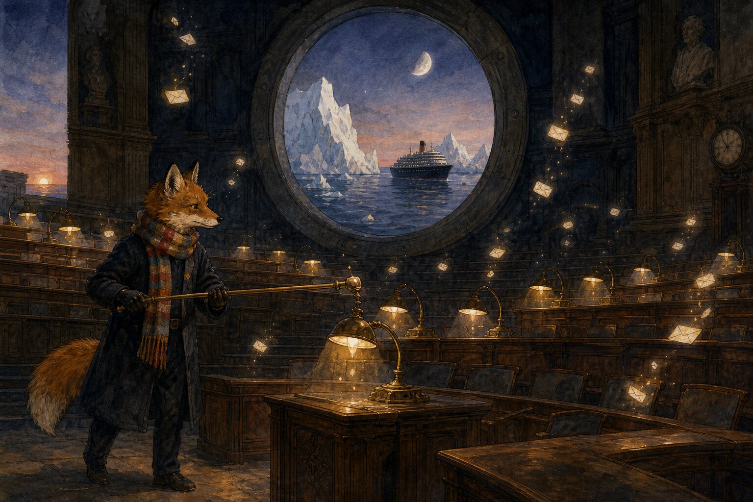 Ink and watercolor illustration of a fox night porter lighting ornate desk lamps with a long brass pole in a vast empty lecture hall at dawn, tiny glowing envelopes drifting upward from each lit desk, a small cruise ship sailing between icebergs visible through a huge round porthole window.