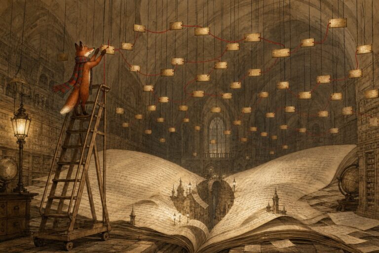 Ink and watercolor illustration of a fox on a rolling ladder threading a single red string through dozens of hanging brass nameplates in a vast dim archive hall, each plate visited exactly once, an enormous open manuscript spread across the floor like a paper city below.