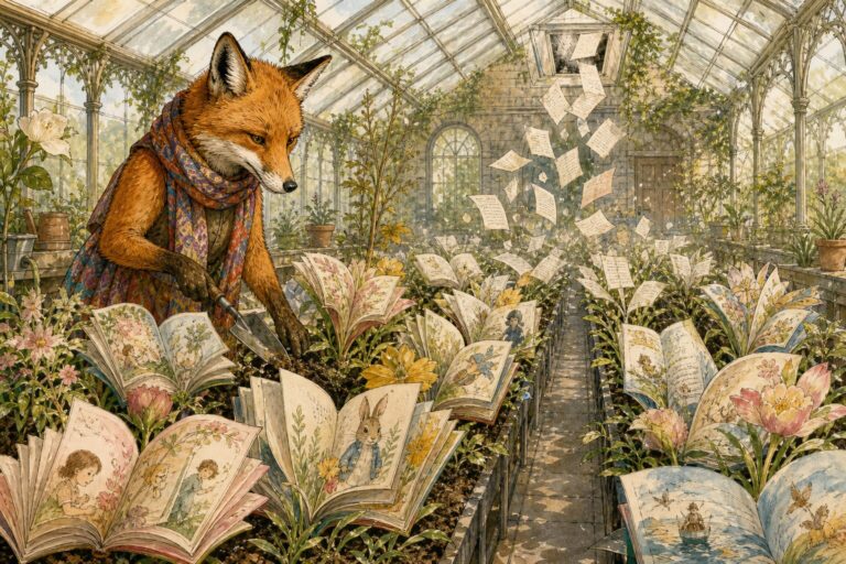 Ink and watercolor illustration of a fox in a colorful scarf tending a sunlit glass greenhouse where open picture books bloom like flowers, while typed manuscript pages drift in through a vent and take root as seedlings.